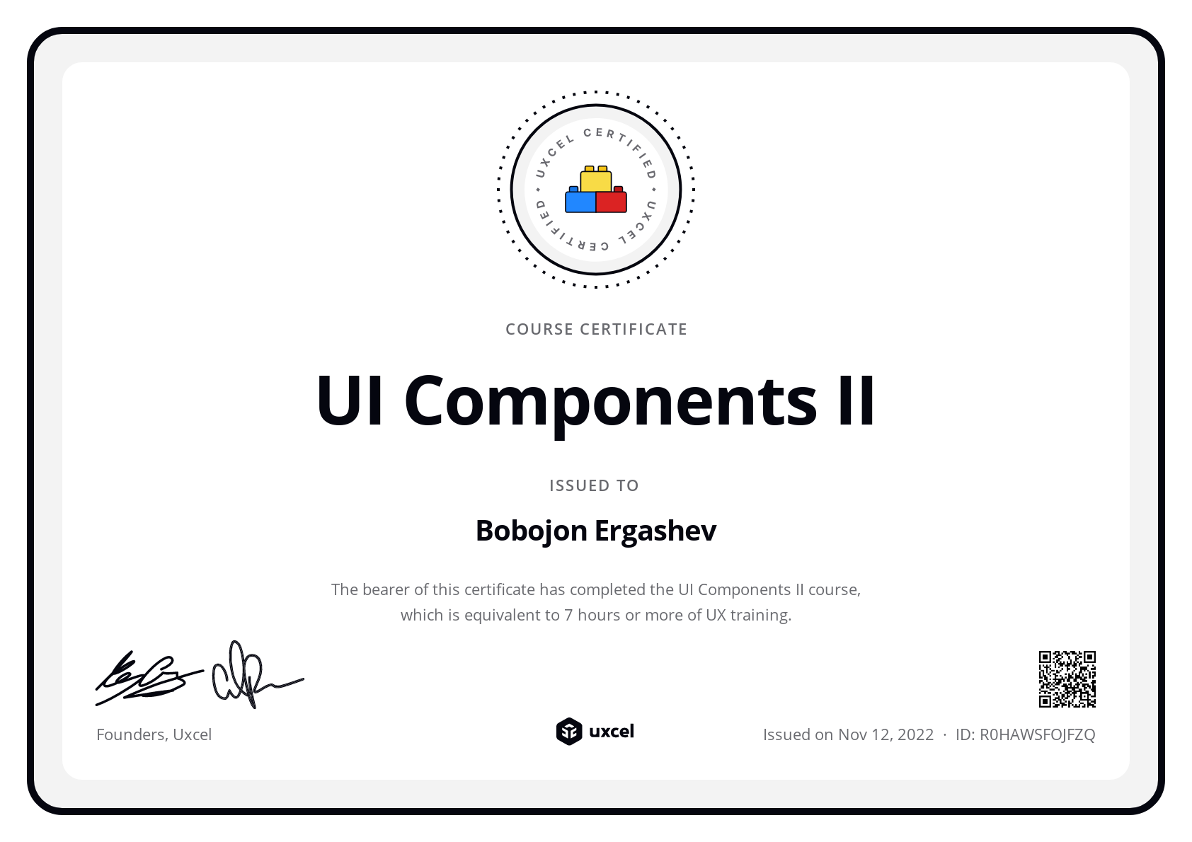 Bobojon Ergashev's certificate